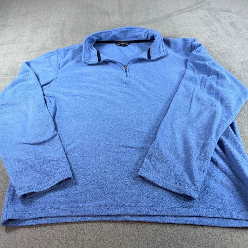 Lands End Mens Large Fleece Quarter Zip Pullover Sweater Blue 42-44‎ Mock Neck